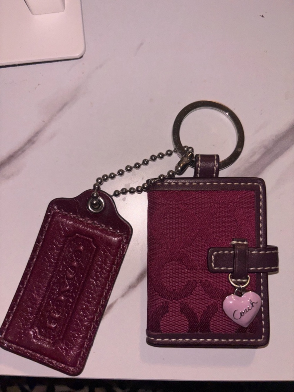 Coach Burgundy Signature picture Keychain with purple Heart Charm